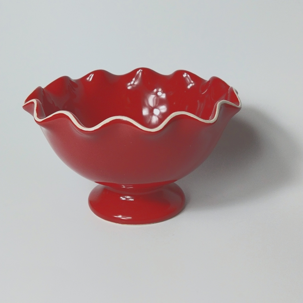LONGABERGER Be My Valentine Red Scalloped / Ruffled Footed Bowl